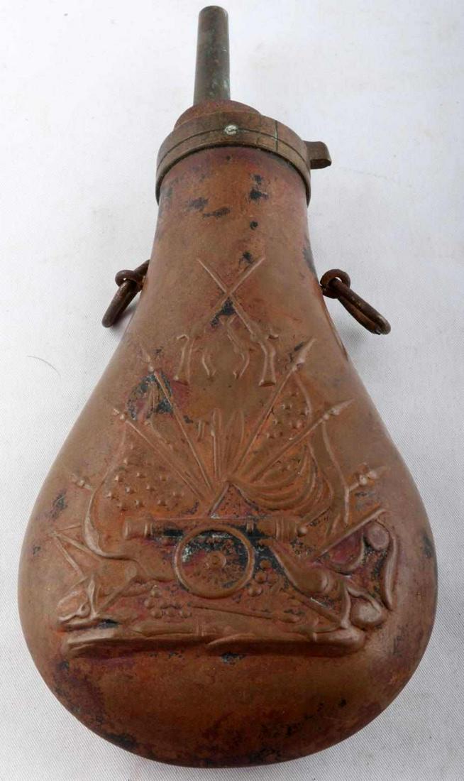 ANTIQUE COPPER COLT POWDER FLASK MEASURE: Unmarked but Atypical Colt design, with spout 8 inches.
