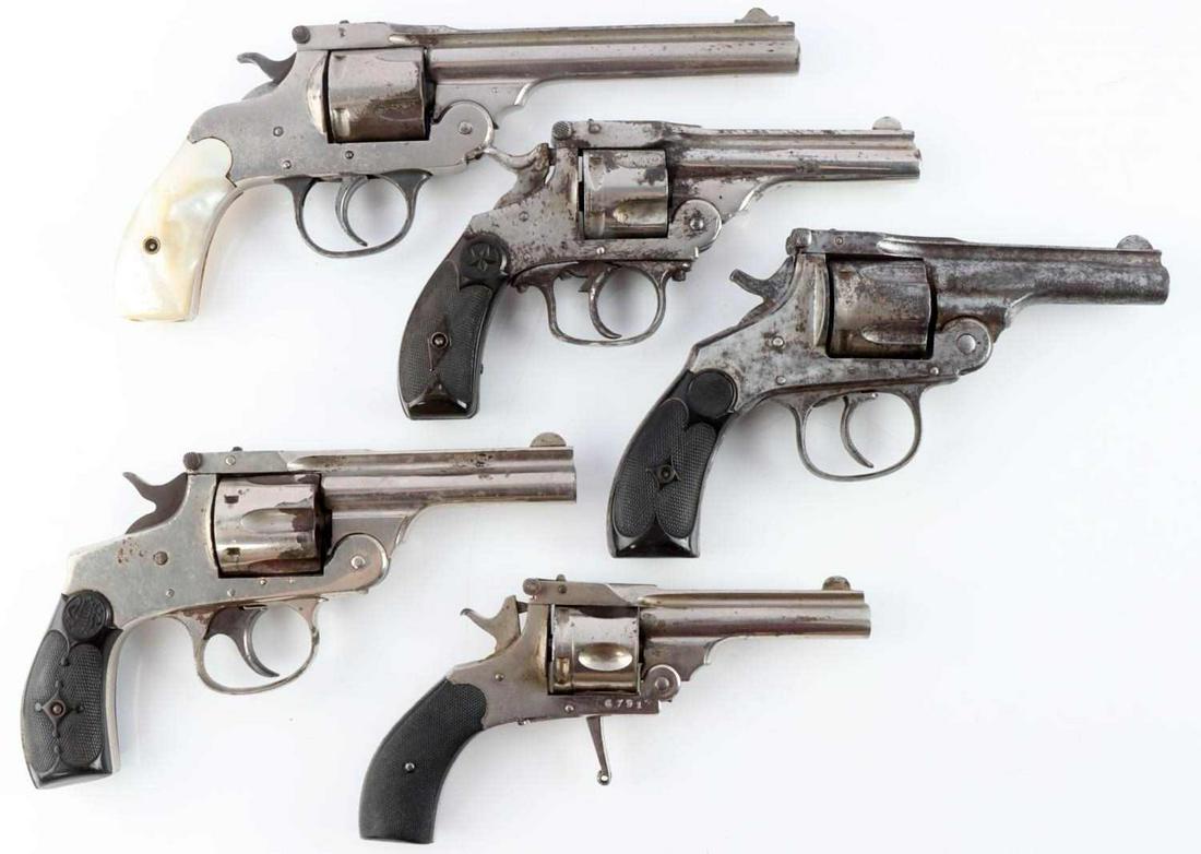 ANTIQUE TOP BREAK REVOLVER LOT OF 5: Thames Arms top break, .38 caliber, 5 shot double action revolver. Steel and polymer construction, 3.25 inch barrel. Serial number marked on butt, with "5450" marked on the rear face cylinder and on t