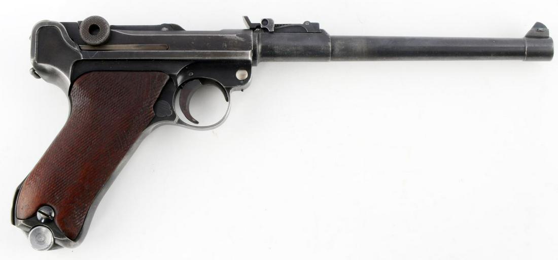 WWI GERMAN EMPIRE 1908 PO8 ARTILLERY LUGER DWM: WWII German Empire Po8 artillery Luger from Deutsche Waffen und Munitionsfabriken in very good condition. Danzig arsenal marking on right side of receiver, with another proof marking on right side of 