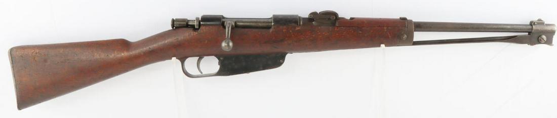 WWII ITALIAN BERETTA CARCANO 6.5 CARBINE & BAYONET: WWII Italian Beretta Gardone Carcano 6.5 caliber rifle with fold-out bayonet. In good overall condition. Features a bright and clear bore. Chipping and bruising intermittent throughout wood stock. Ita