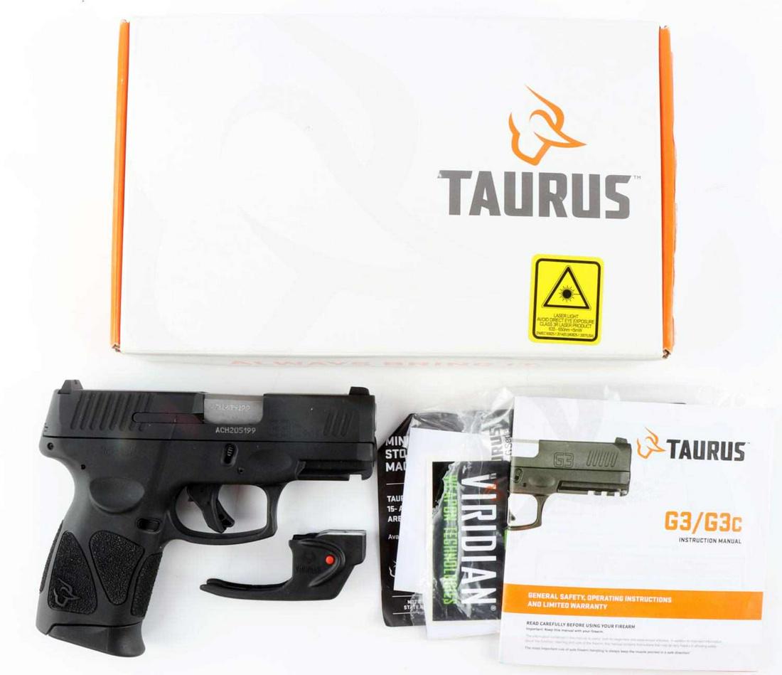 TAURUS G3C 9MM SEMI AUTOMATIC HANDGUN: In very good, used condition. Taurus G3C semi-automatic 9mm handgun with one (1) 12-round magazine. Steel and polymer construction. 3-inch barrel marked with serial number, maker, and model. Clear bor