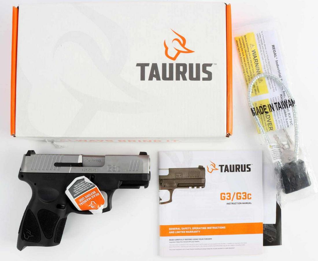 NEW TAURUS G3C 9MM LUGER PISTOL HANDGUN FIREARM: New Taurus G3c Luger Compact Pistol, measures approx. 6.5 X 5 inches in overall length with a 3.5 inch barrel. 9mm caliber, 12 + 1 round magazine capacity. Model: G3c (9mm Luger) 1-G3C939. Drift adjus