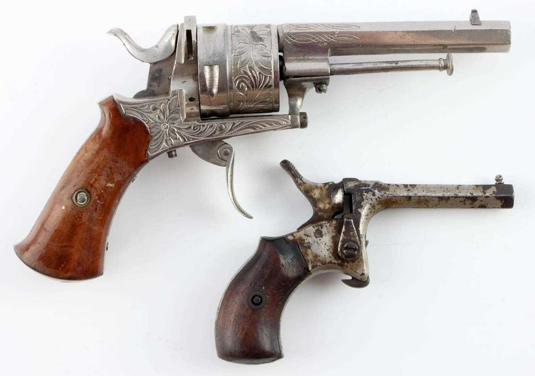 LOT OF 2 ANTIQUE FOLDING REVOLVER POCKET PISTOL: Antique Belgian pinfire revolver, .32mm 6 shot cylinder, engraved nickel finish throughout barrel, frame, and cylinder. 3 & 5/16 inch octagonal barrel, wood grip, folding trigger. ELG marking on cylin