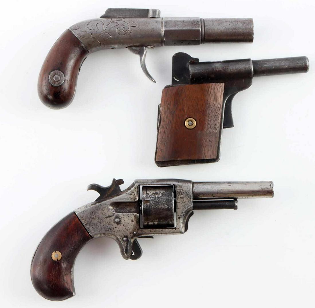 LOT OF 3 ANTIQUE REVOLVER POCKET PISTOLS: Antique .22 short rimfire, 7 shot single action vest pocket revolver, spur trigger, solid frame with 2.75 inch round barrel, bore moderately pitted, light oxidation on frame, heavy oxidation on ejecto
