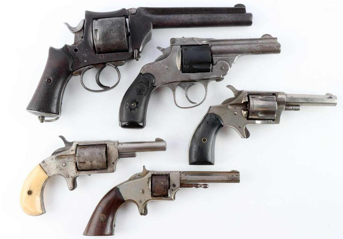 ANTIQUE HANDGUN REVOLVER LOT OF 5: Bliss and Goodyear .32 rimfire, 5 shot, single action, Protector revolver. Steel and wood construction, 2.15 inch barrel, with spur trigger and wood grips. Model marked on top of barrel, patent date m