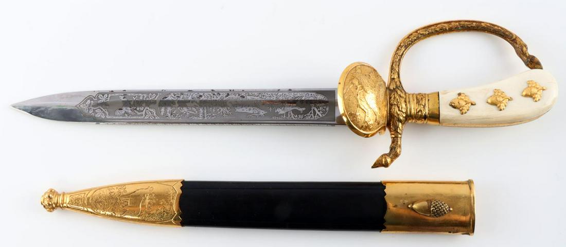 EICKHORN SOLINGEN GERMAN HUNTSMAN ETCHED DAGGER: Possibly pre or post war, tusk grip, leather etched chape scabbard, very good etched blade, overall 15 inches.
