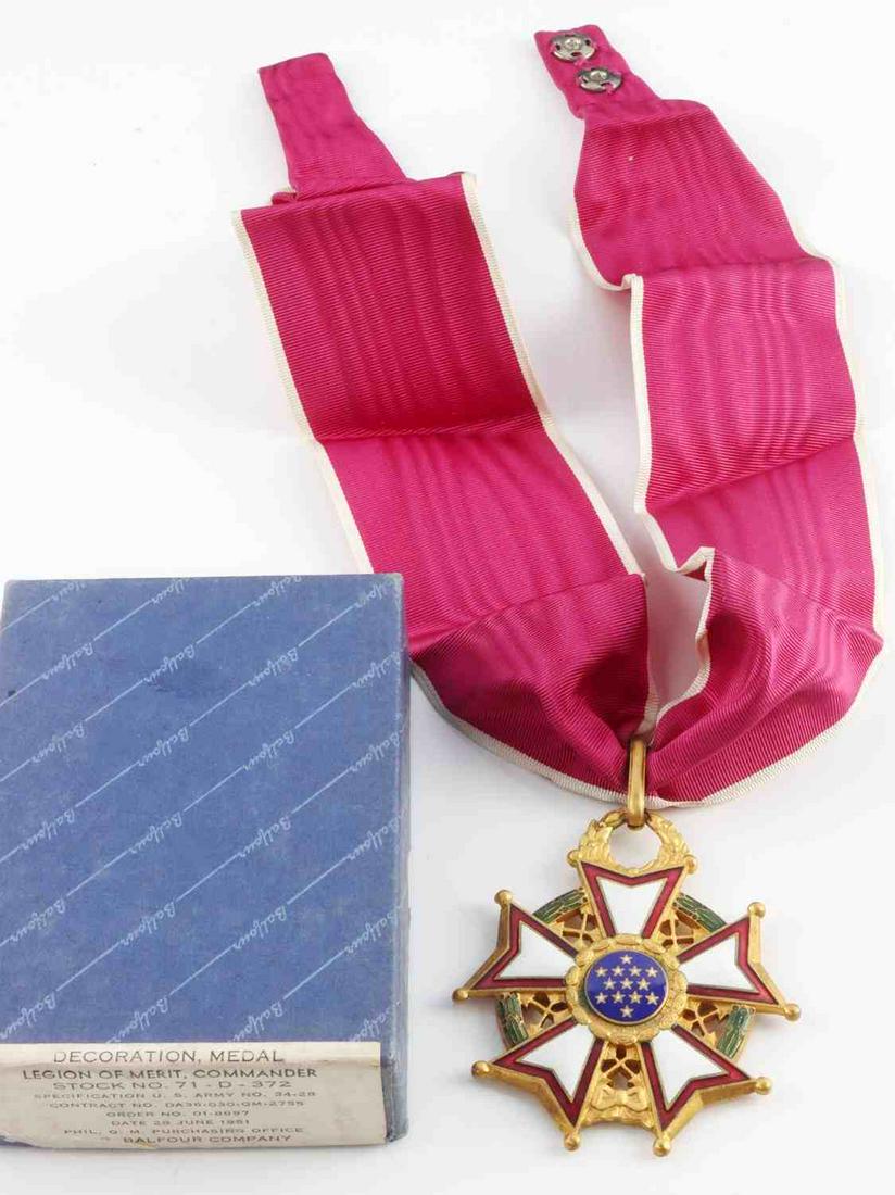 BOXED 1951 LEGION OF MERIT COMMANDER MEDAL ORDER: Boxed in 1951 dated Balfour Company , Medal with Ribbon, mint condition, most unusual.