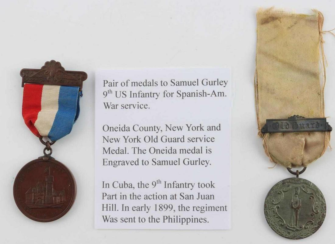 SPANISH AMERICAN WAR NAMED MEDAL LOT ONEIDA NY: The Oneida County NY medal is named to Samuel Gurley, has information card on the 9th Infantry Cuba service, very good original condition, in Riker mount