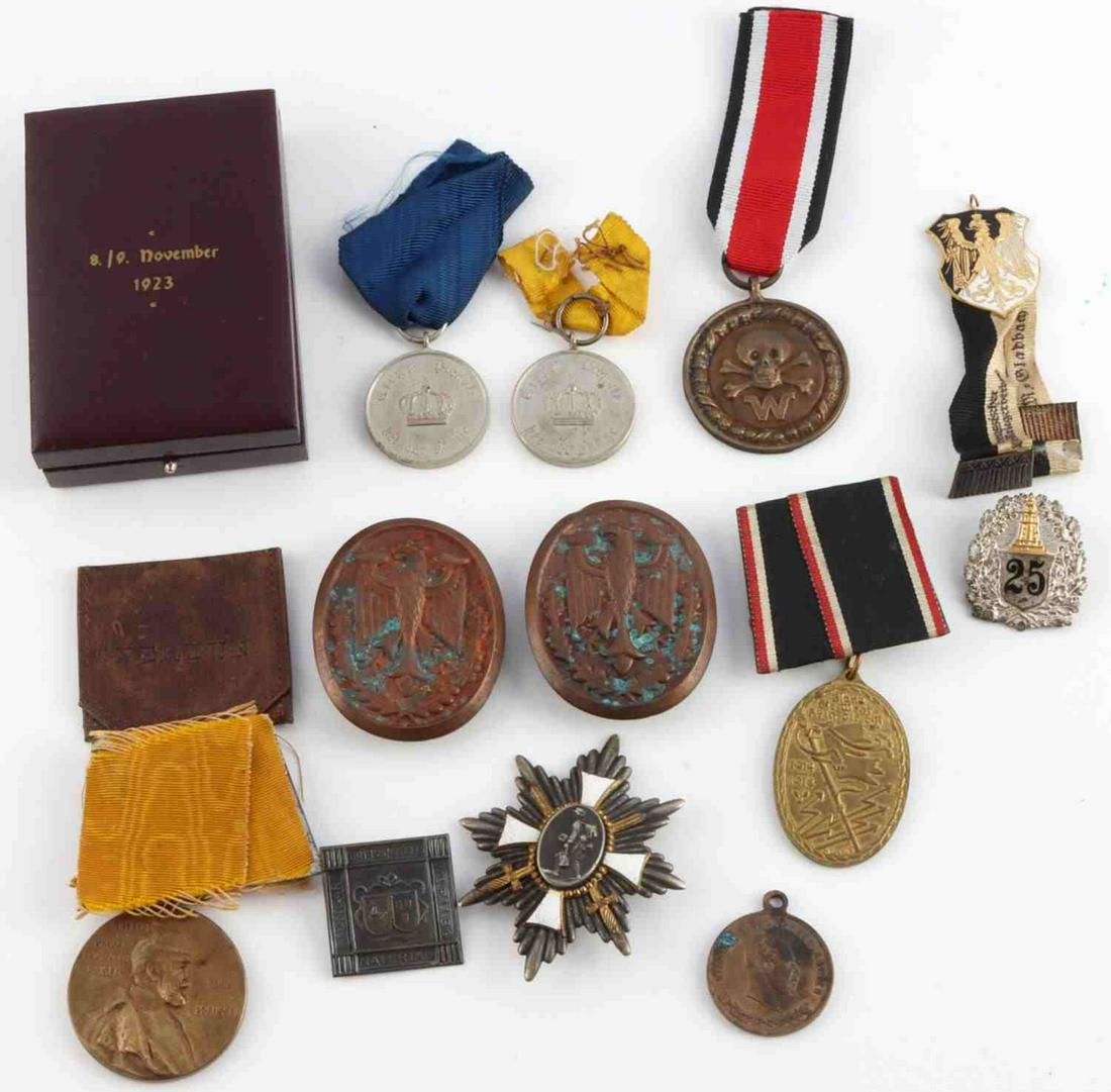 WWI IMPERIAL GERMAN FIELD BADGE OF HONOR & OTHERS: Pin appears replaced, otherwise original, Ges Gesch marked, also Prussian Wilhelm I, 25 year service badge, Stuttgart Tinnis, Kaiser Manover 1884 medal, Medal box , Totenkopf over W medal., and more