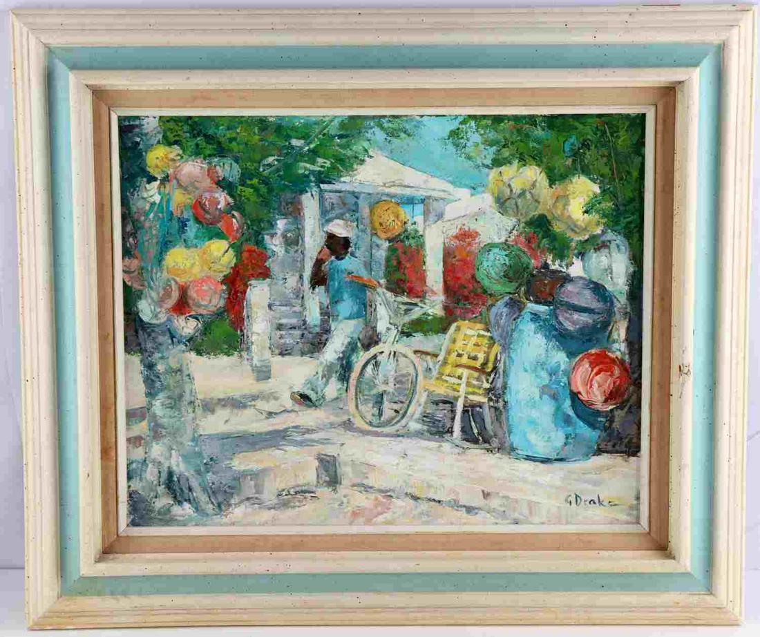 G DRAKE SIGNED IMPRESSIONIST OIL PAINTING: G. Drake signed colorful impressionist oil painting, framed. Dimensions: framed 23.5X27.5, picture 15.5X19.5 inches. Canvas and framing are both in very good good condition. Framing features a wire fo