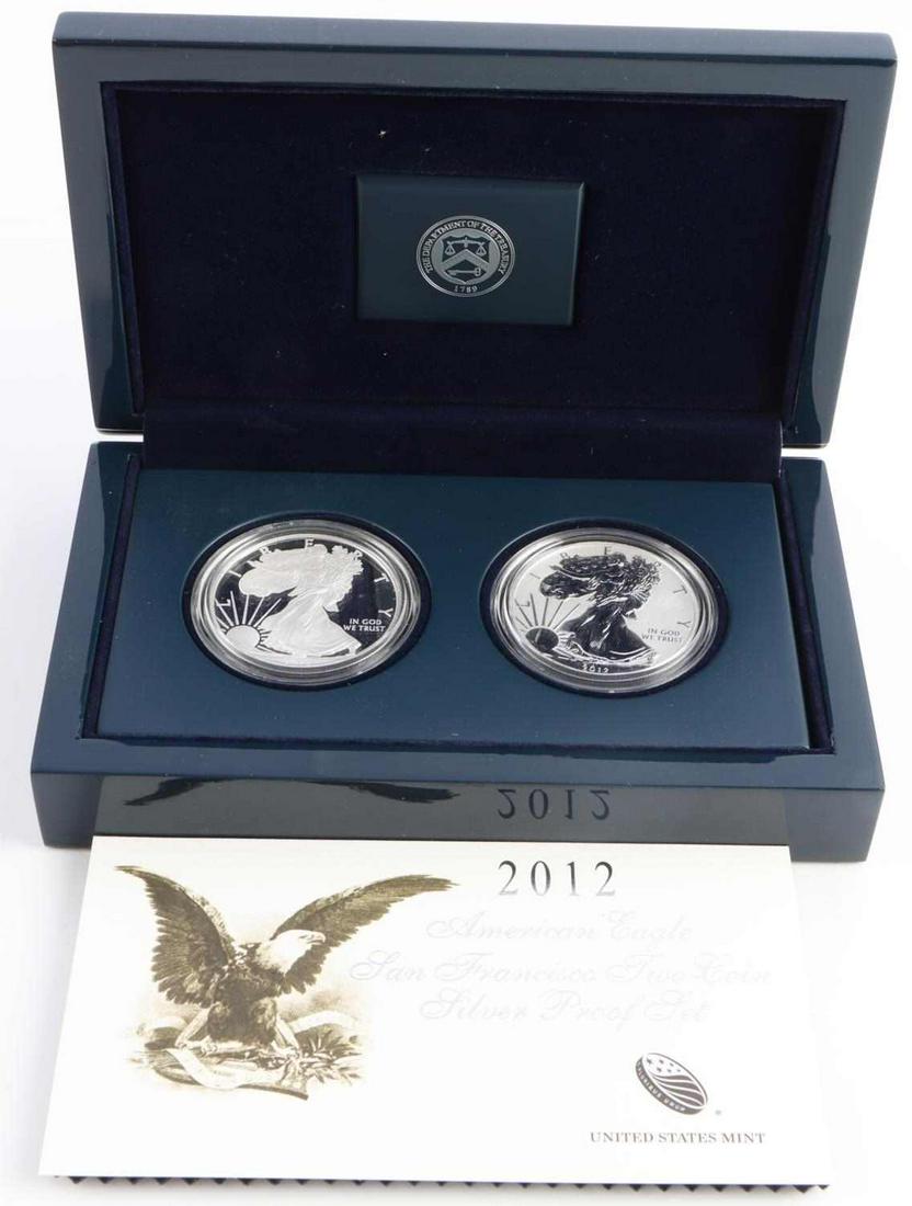2012 S AMERICAN EAGLE SILVER PROOF 2 COIN SET: 2012-S 2-Coin American Silver Eagle Proof Set , 75th Anniversary set. In original government presentation box This lot has a reserve.