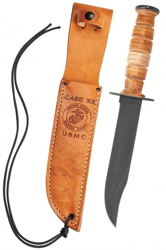 NEW CASE 334 USMC MILITARY KNIFE W SHEATH: 1095 Carbon Steel Blade. Blackened Finish. Full Tang Construction. Stacked Leather Handle. Black Coated Stainless Steel Guard and Pommel. Includes Brown USMC Leather Sheath with Belt Loop and Leg Tie.