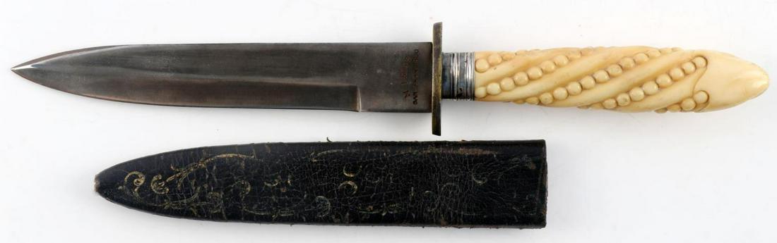 MIKE PRICE SAN FRANCISCO COWBOY ERA BOWIE KNIFE: Old West M. Price San Francisco Cowboy Era Bowie Knife & Scabbard, measures approx. 11.25 inches overall. The single edged steel appear point blade is maker marked "M. PRICE SAN FRANCISCO." It measure