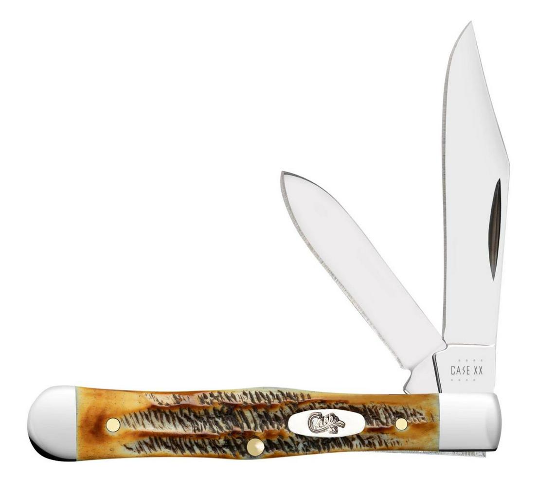 NEW CASE POCKET KNIFE 6.5 BONESTAG CENTER JACK: New in the box Case Model 65326. Genuine 6.5 Bone stag handle with hand flamed jigging, Oval Case Script shield and Tru Sharp Surgical Steel Clip and pen blades . Closed length 3 inches. Stock photo p