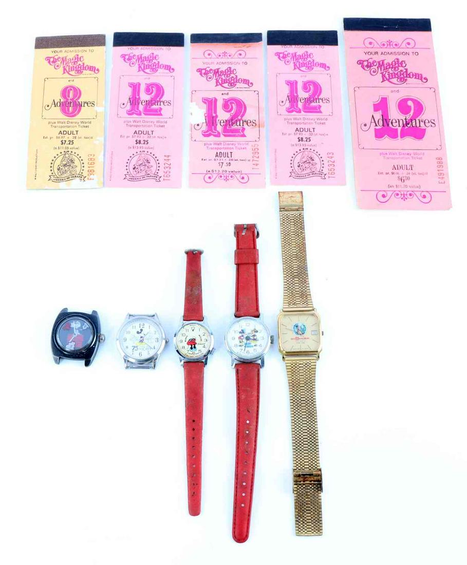VINTAGE DISNEYLAND 60S TICKET BOOKLETS & WATCHES: Lot of four vintage Disneyland The Magic Kingdom 60s ticket booklets and Disney watches/ watch faces. A 75 years of Mickey Mouse watch face. A Snoopy watch face.
