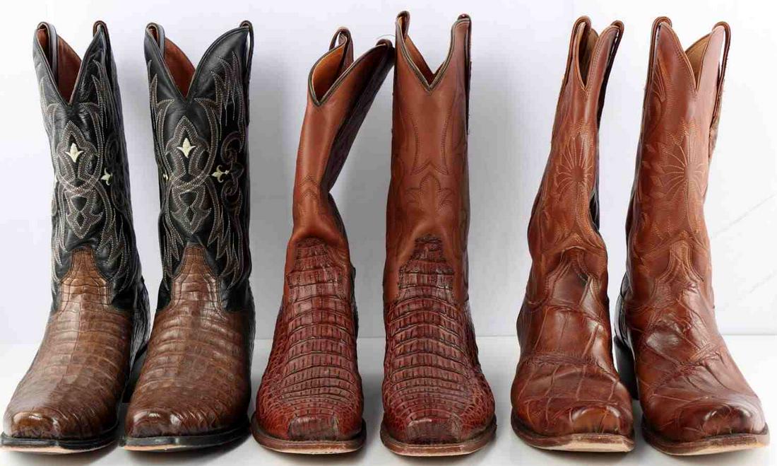 LOT OF 3 MENS COWBOY BOOTS SIZE 10 10.5 LUCCHESE: 3 pairs of pre-owned leather and gator skin men's boots: Lucchese size 10 D, black leather Dan Post size 10, and Tony Lama size 10.5 D. Wear to soles, otherwise good condition.