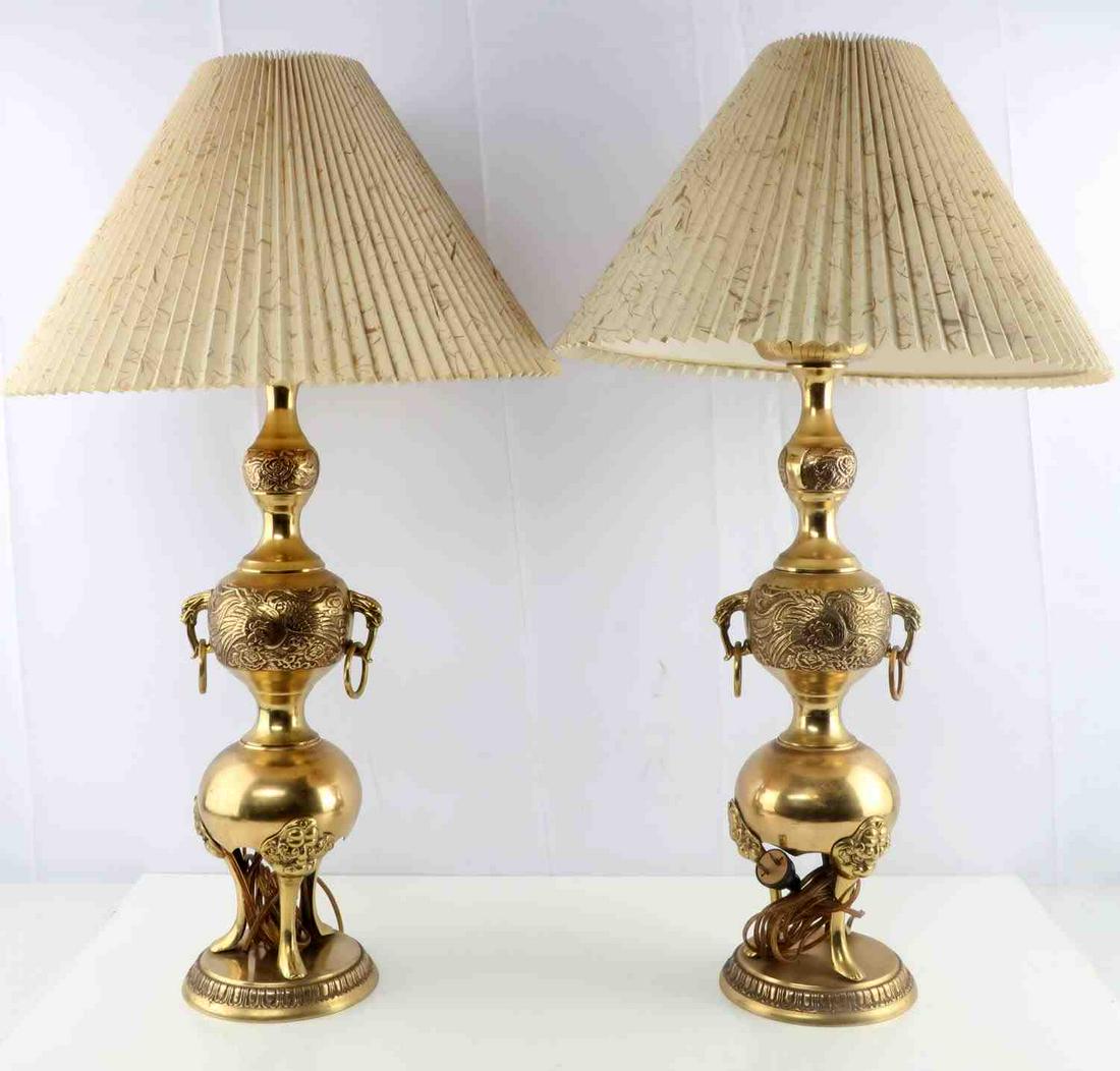 MID CENTURY KOREAN ROOSTER & ROSE BRASS LAMP: One of a kind pair of lamps custom crafted for customer during the 1950's while stationed in Korea. Unique, hammered Rooster and Rose motif lamp with Dragon accents.