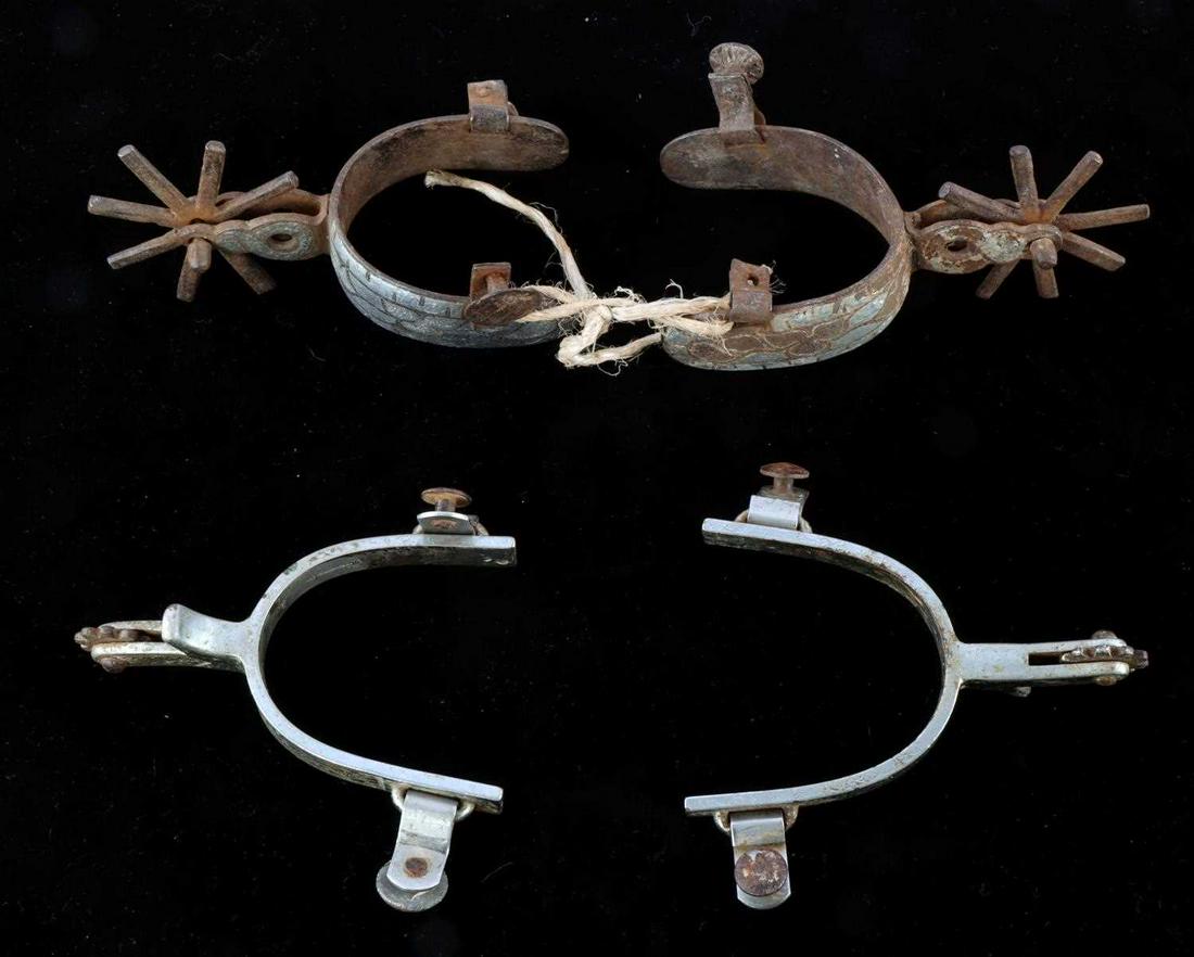 2 PAIR OF ANTIQUE SPURS SMALL & LARGE: Large and small rowels 2 1/2 heel on the small rowel and 3 1/2 inch on larger.
