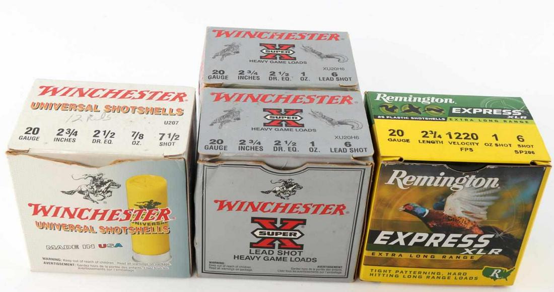 WINCHESTER REMINGTON 20 GAUGE SHOTGUN 72 ROUNDS: Assorted shotgun rounds. 52ct Winchester 20 gauge rounds, 2.75 inches, 1 ounce, 6 shot. 20ct Remington 20 gauge rounds, 2.75 inches, 1 ounce, 6 shot, 1220 fps.
