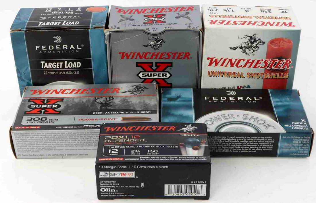 104 RDS WINCHESTER FEDERAL 12 GA & .308 AMMO LOT: Assorted 12 gauge shotgun and .308 Win rounds: Winchester 25ct 12 gauge shotgun rounds, 2.75 inches, 1 1/8 ounces, 7.5 shot. Winchester 4ct 12 gauge shotgun rounds, 2.75 inches, 1.25 ounces, 4 lead sh