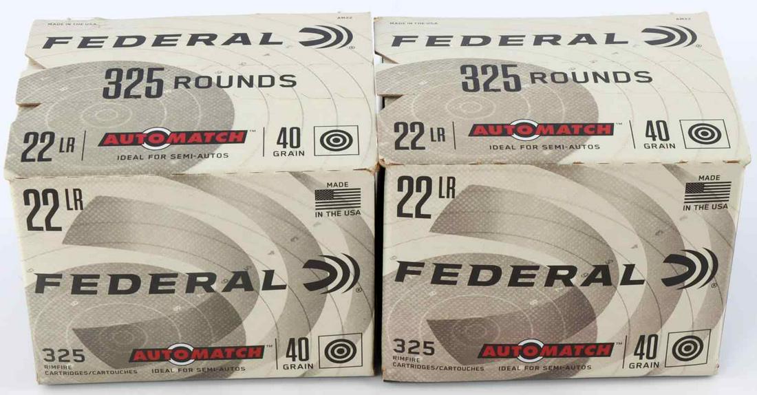 650 ROUNDS OF FEDERAL 22LR AMMO: 650 rounds of Federal 22LR ammunition, 40 grain, rimfire, comes in two boxes of 325 rounds each.