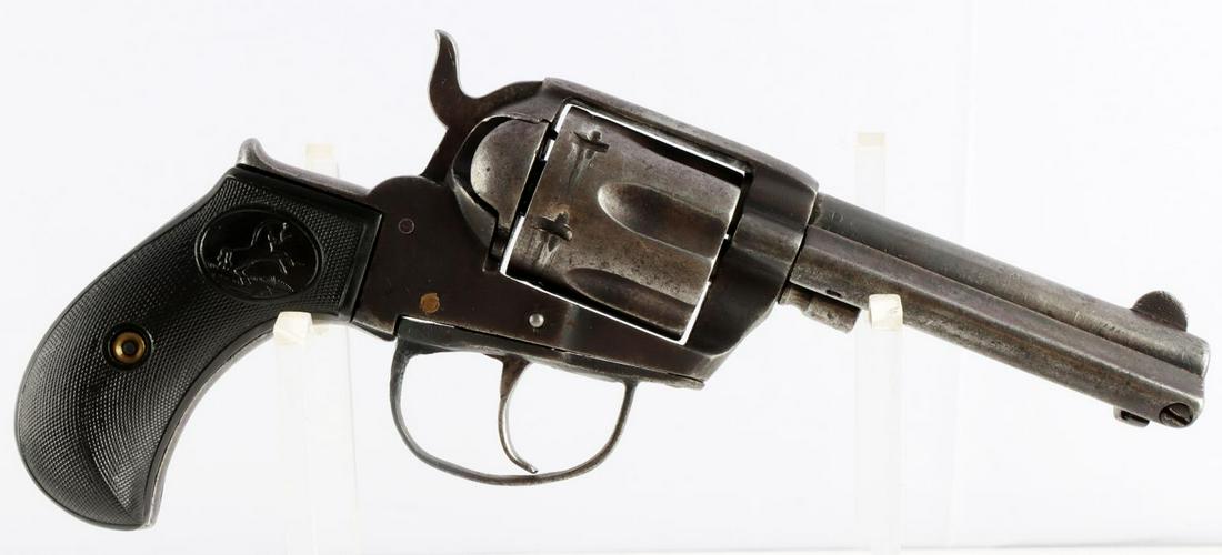 SPANISH COPY COLT LIGHTNING 1877 REVOLVER .41 CAL: Scattered patina, .41 cal faintly marked to left side frame, 'T.... fits this revolvers' marked at top of 4 inch barrel, fair clear bore, bakelite grips, number 28 marked to rear face of cylinder, bla