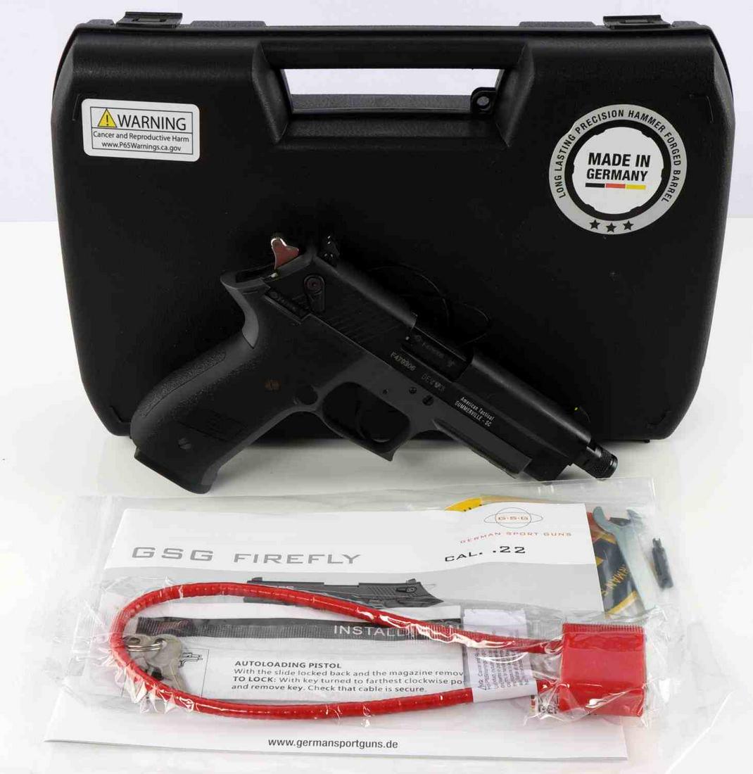 GERMAN SPORTS GUNS GSG .22 FIREFLY 1911 HANDGUN: New in box. .22 caliber, standard long rifle. overall length 7.2 inches, 3.9 inch barrel, weight with empty magazine1.60 pounds, trigger pull 3.97. No international sales, FFL to transfer Caliber: 22 