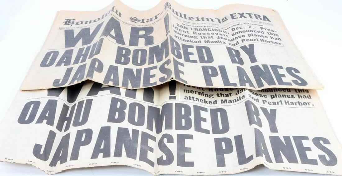 WWII HAWAII DEC 7 1941 WAR DECLARATION NEWSPAPERS: Lot of two WWII Hawaii Honolulu Star (1974 & 1983 Pacific Film Reprints) of December 7, 1941 "War!" headline newspapers in good condition. 8 pages in each. Some light foxing and wear.