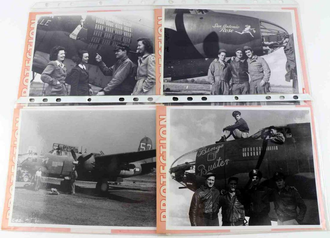 LOT OF 8 US ARMY AIR FORCE PLANE AND CREW PHOTOS: Lot features 8 photographs of WWII aircraft crewman and their planes. The planes featured are The Indiana Room, San Antonio Rose, Papa Dede, Stinky B, Funny Bunny, Bingo Buster, and more. Measure 8 X 