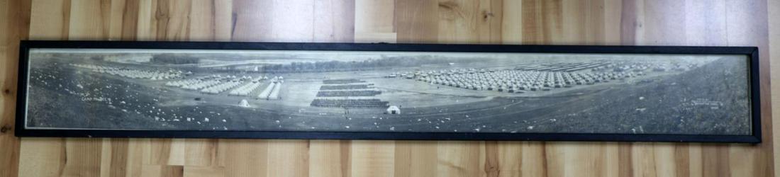 EARLY 20TH CENTURY US ARMY CAMP RILEY YARDLONG: Early 20th century U.S. Army Camp Riley yardlong photo. Photo is titled on left side "Camp Pawnee", marking on right side reads "Photo by The Holt Feature Film Co. Manhattan Kans, No=300. In the backg