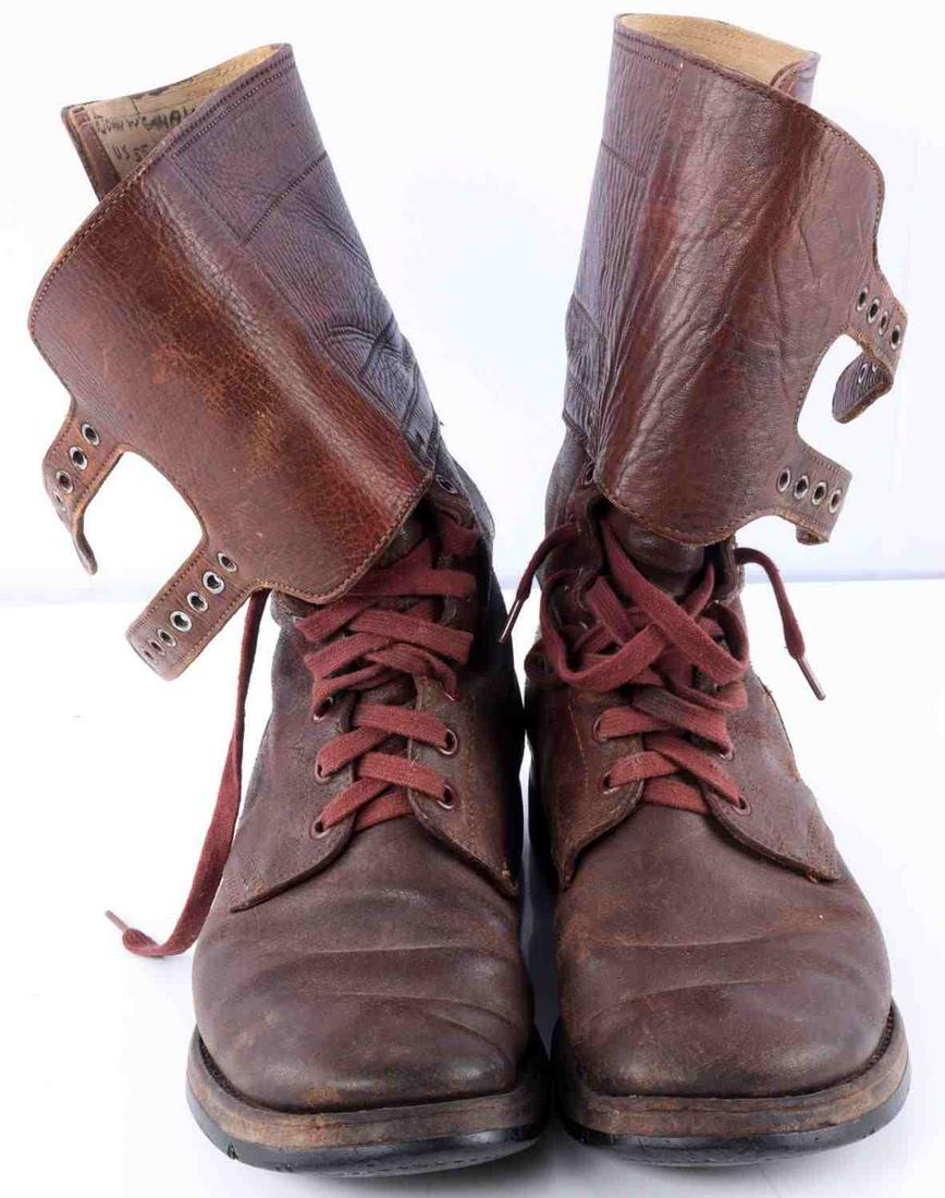 WWII M-43 2 BUCKLE COMBAT BOOTS SIZE 81/2: Very good wearable condition, names inside, GW makers mark, has faint date maybe 1944 on buckle flap.