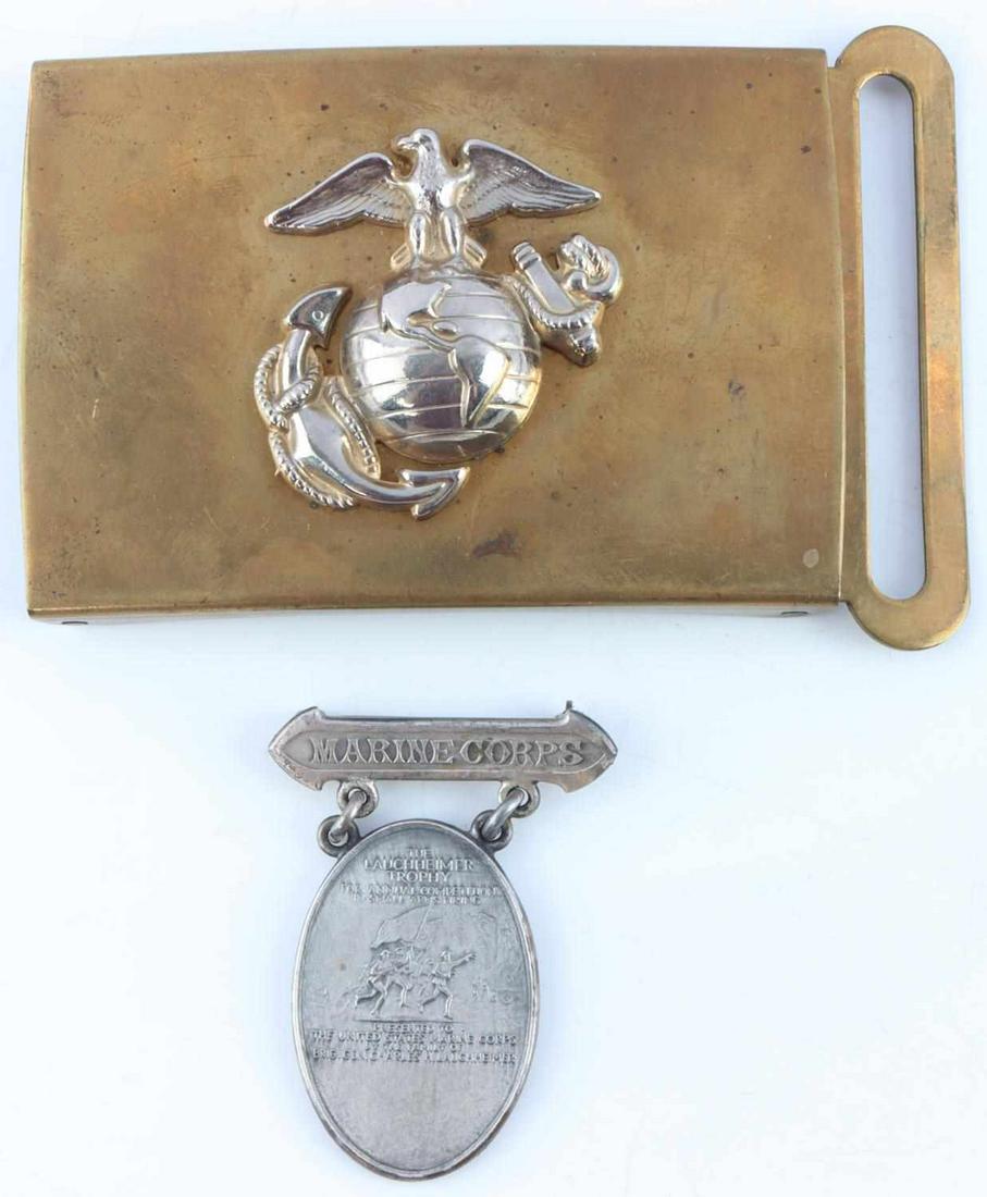 USMC MARINES DRESS BUCKLE & LAUCHHEIMER MEDAL: Dress belt buckle with screwback EGA, Alco GI maker stamped , large Cuba, also Lauchheimer Trophy medal, each very good original condition.