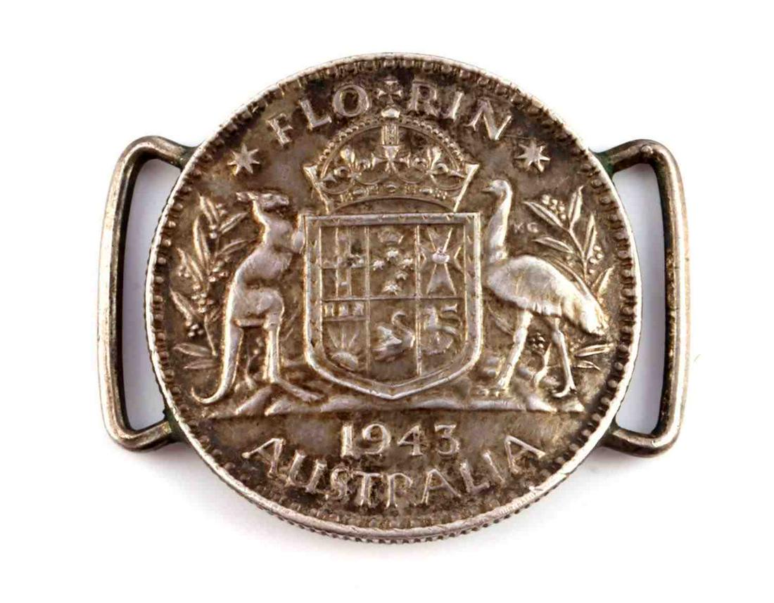 1943 AUSTRALIA SILVER FLORIN NAMED US VETERAN ID: Silver Florin reverse named to Louis L. Gunthrop, S/N 5638051 USNR 12/42, very good original condition