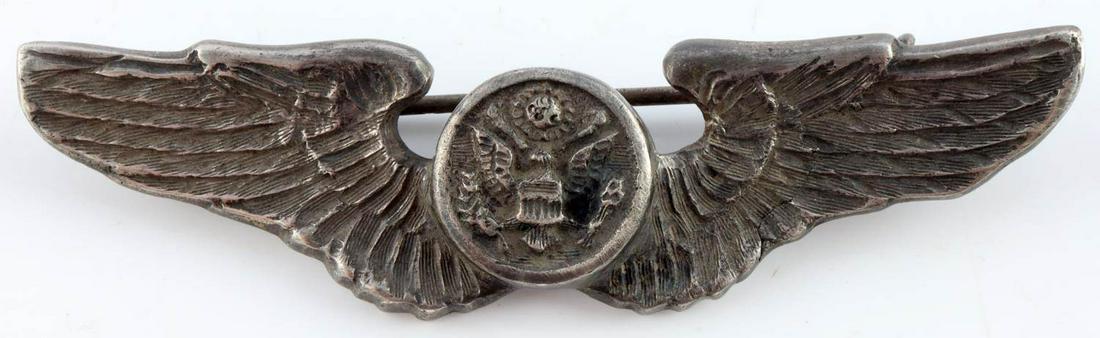WWII POW CAMP MADE STERLING PILOT OBSERVER WINGS: Recovered at WWII American POW camp in Germany, unmarked but clearly acid test for sterling. scratched initial RDS on reverse 3 inch wings, rough redo of pinback.