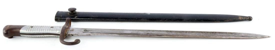 ARGENTENIAN GERMAN 1891 MAUSER BAYONET & SCABBARD: Argentenian Model 1891 German made Mauser bayonet by Weyersberg Kischeaim & Co. Solingen with matching serial numbers on sheath. Blade edge has been sharpened poorly and grind marks and some blemishin