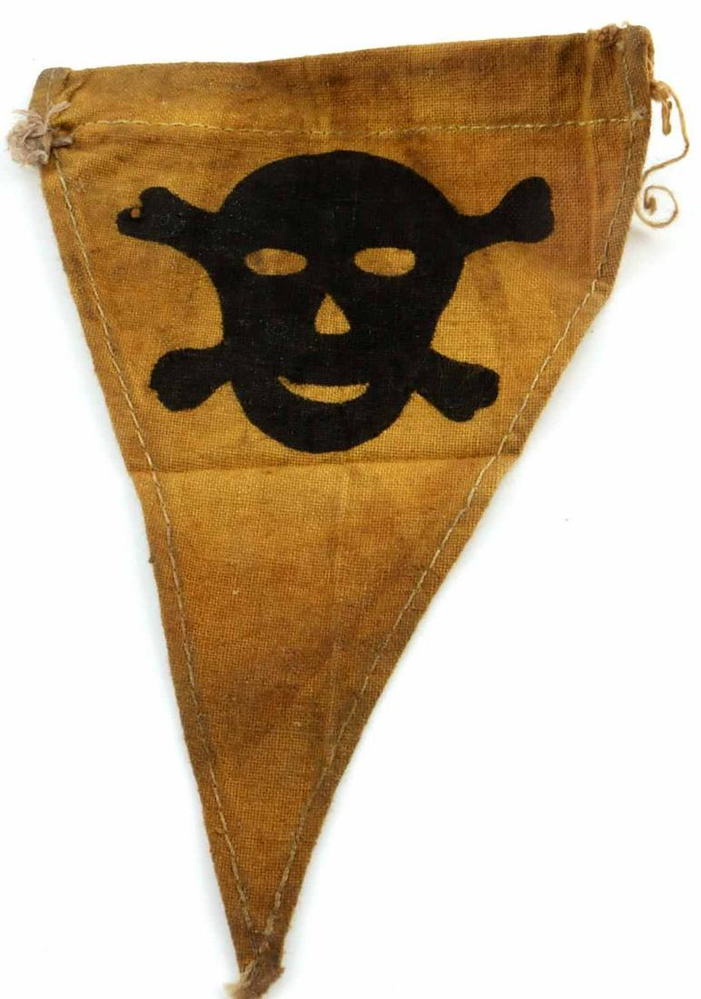 WWII GERMAN MINE WARNING YELLOW FLAG PENNANT: Does not fluoresce, very good original condition, measures 3 1/2 by 5 inches.