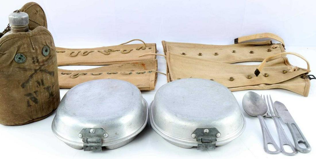 WWII US MILITARY MIXED LOT CANTEEN MESS LEGGINGS: Lot includes: two mess kits, one set of silverware (US marked), two pairs of canvas leggings, and one canteen and cover. Good condition.