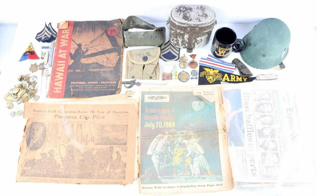 GAR WWI WWII VIETNAM MULTI CONFLICT MILITARIA LOT: GAR Encampment badge, paper mache child's German Paratrooper hat, badges, Third Reich cloth insignia, Colt pistol grips, ammo pouch, and much more as photographed.
