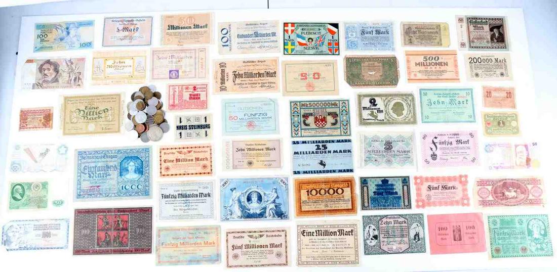 49+ LOT OF WORLD BANKS NOTES AND COINS: Large lot of circulated condition bank notes and coinage from a variety of countries. Mostly German notes. Other countries include France, Portugal, Poland, and more.