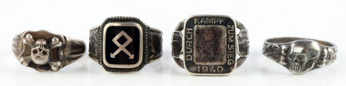 4 WWII GERMAN THIRD REICH SILVER RINGS SIZE 10 LOT: Lot of 4 WWII German Third Reich Silver Rings; all approx. size 10, three of four acid test as silver (not skull ring), each have mild wear intermittent through with shanks slightly bent. Very good co