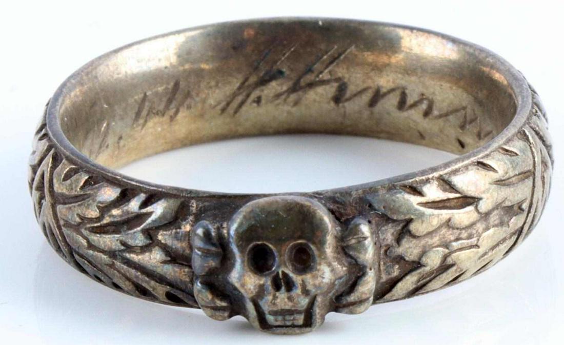 WWII GERMAN REICH SS HIMMLER HONOR RING W BOX: Engraved 21.12.44 with Himmler signature. Size 13. Silver construction. Very good condition. Unauthenticated, sold as is. This lot has a reserve.
