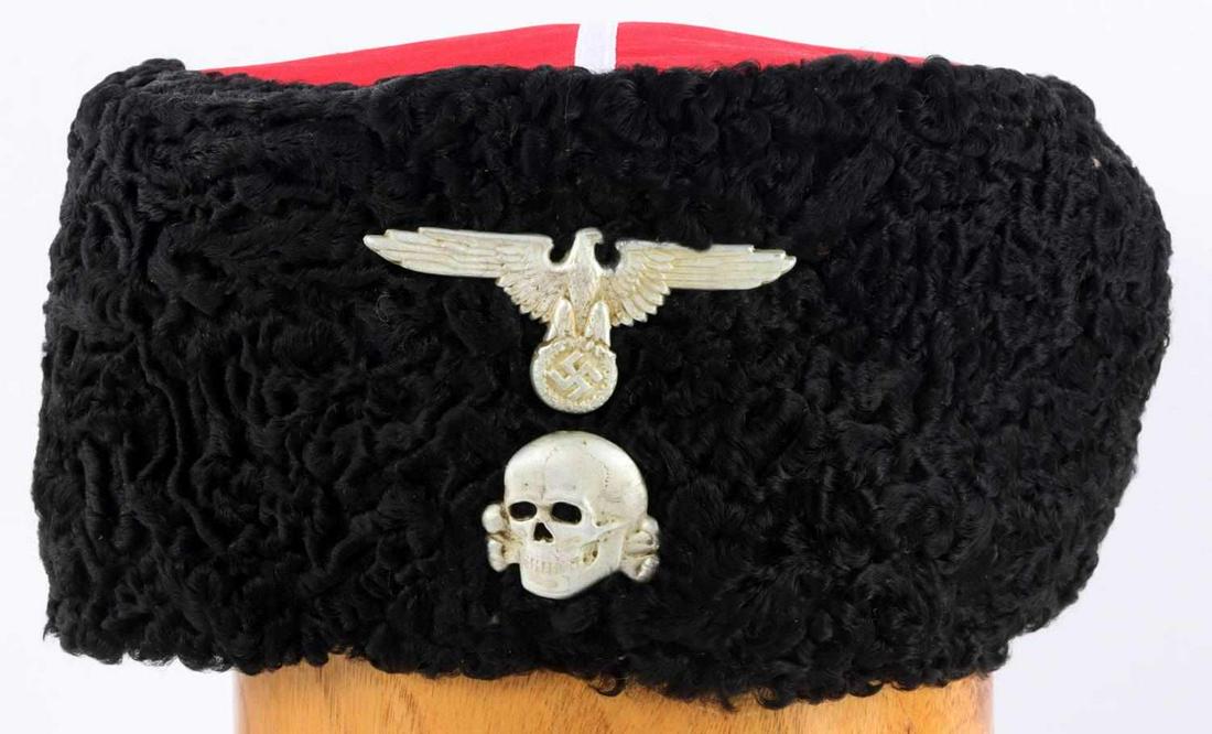 WWII GERMAN REICH WAFFEN SS DON COSSACK PAPAKHA: WWII German Reich Waffen SS Don Cossack papakha hat in very good condition. Has SS Totenkopf & Parteiadler pins on front; Totenkopf appears to be marked "55/28" on reverse; Parteiadler is marked "Ges.