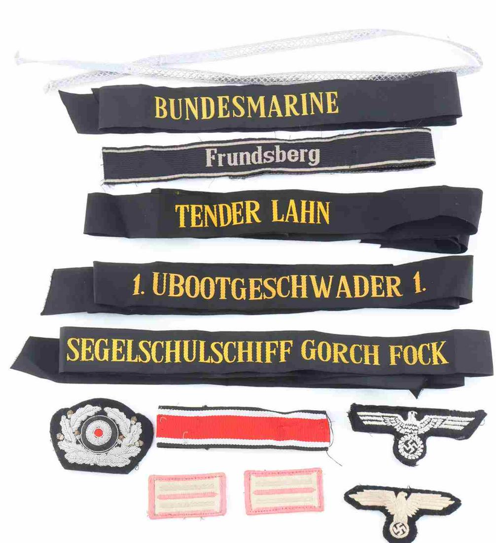 WWII GERMAN REICH INSIGNIA CUFF TITLES RIBBON LOT: WWII German Reich insignia & cuff titles ribbons lot to include two Parteiadler insignias, a pair of collar tabs, an SS "Frundsberg" cuff title and 4 post war Bundeswehr cuff titles. All in good condi