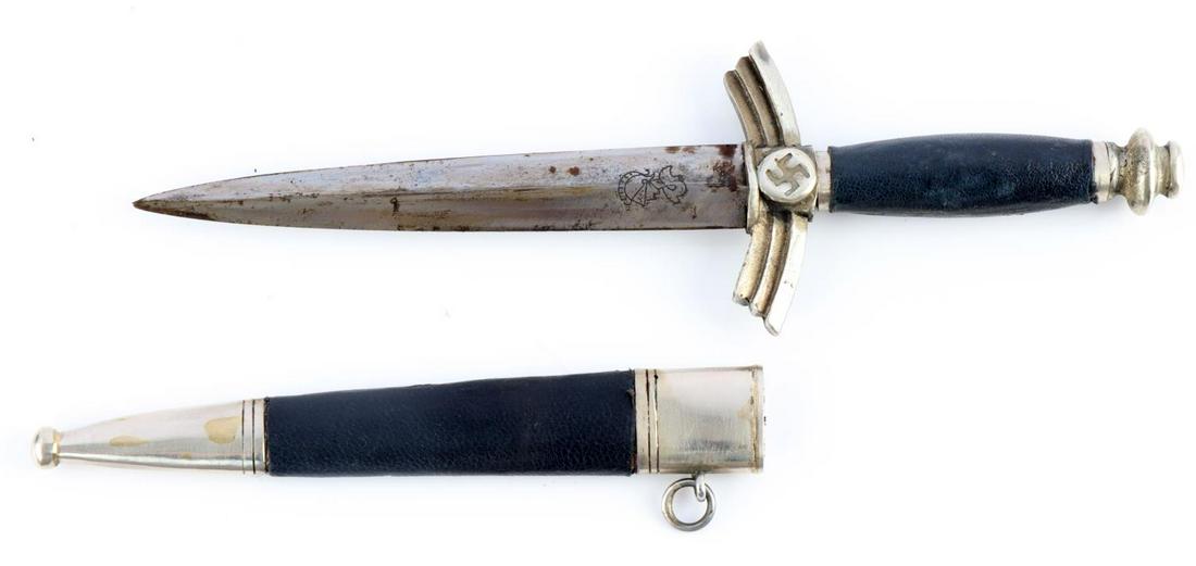 MINI WWII GERMAN THIRD REICH LUFTWAFFE DLV DAGGER: Small 7 1/2 inch dagger with steel blade featuring WKC maker mark. Leather bound grip and scabbard with steel fittings. Very good condition with some oxidation. Unauthenticated, sold as is. This lot h