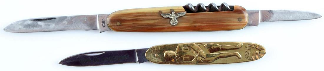 WWII GERMAN THIRD REICH POCKET KNIFE LOT OF 2: One is gilt brass with Adolf Hitler, other knife has plastic grip with Reichsadler. Steel blades. Measure 5 3/4 and 6 3/4 inches and marked Rostfrei. Unauthenticated, sold as is. This lot has a reserv