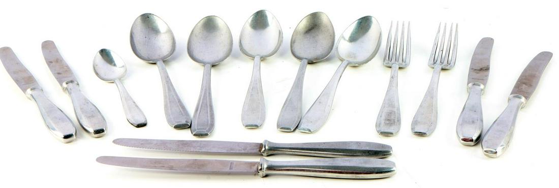 WWII THIRD REICH GERMAN SILVERWARE LOT OF 14: Aluminum silverware, all pieces marked 'Waffen SS'. Good condition. Unauthenticated, sold as is.
