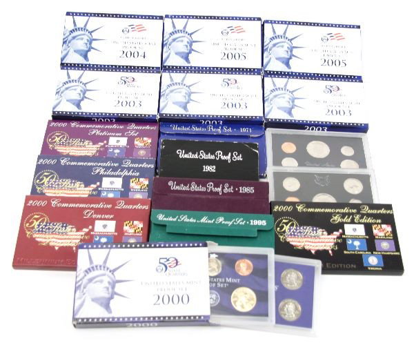 12 PROOF SETS & 2 MILLENNIUM STATE QUARTER SET: A lot of 12 proof seta all but one set boxed as issued, dates are, 1971, 1972 (no box), 1982, 1985, 1995, 2000, 3 2003, 2004 and 2005 all sets are clad, also a 2000 state quarter set 4 boxes Millenium