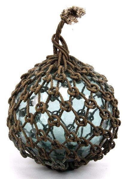 LARGE ANTIQUE JAPANESE GLASS FLOAT: Approx. 12 inch diameter glass float with net and makers mark. Very good condition.