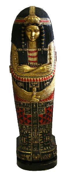 4FT EGYPTIAN QUEEN SARCOPHAGUS WOOD CABINET: Modern production Egyptian theme sarcophagus curio or CD cabinet with shelving. Overall measurements are 48x13x9 inches. Overall very good condition.
