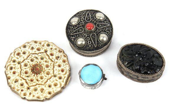LOT OF 3 SILVER PILL BOXES AND STRATTON COMPACT: Included is a round silver pill box 2 inches in diameter, dome top decorated with inset coral piece. There is an oval silver box 2 inches on the long side. Top is decorated with carved Ebony. Smallest